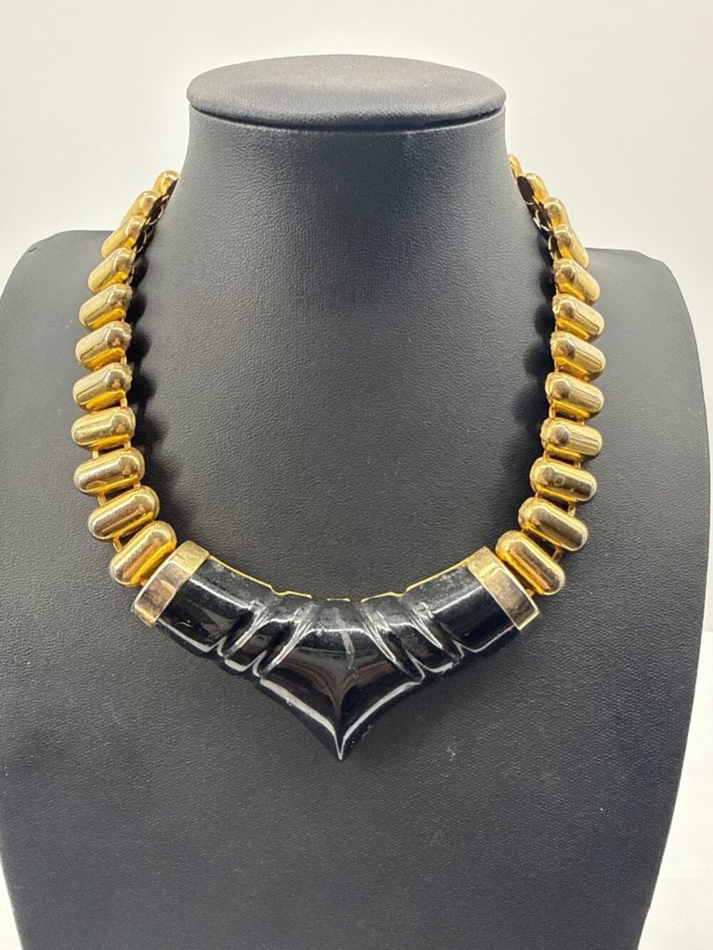 Vtg 80s Chunky Gold Ribbed Black Enamel Chevron Statement Collar Choker Necklace